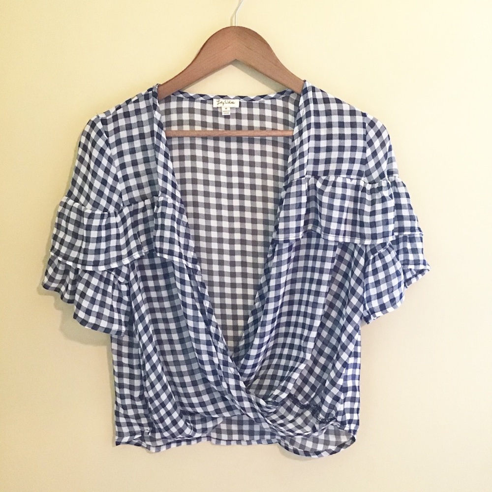 LILY WHITE Semi Sheer Blue Gingham Ruffle Top